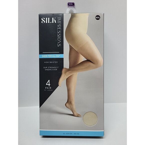 4 Pair XXL Silk Impressions Women's High‎ Waisted Beige Tights-Sheer For All Day - Picture 1 of 4